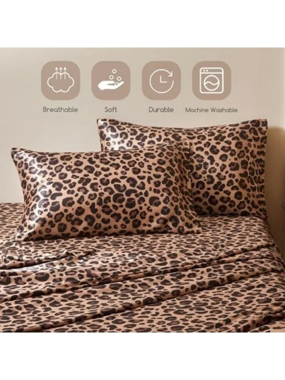 Satin Queen Size Sheets with Elastic Corner Straps, Brown Leopard Print Design